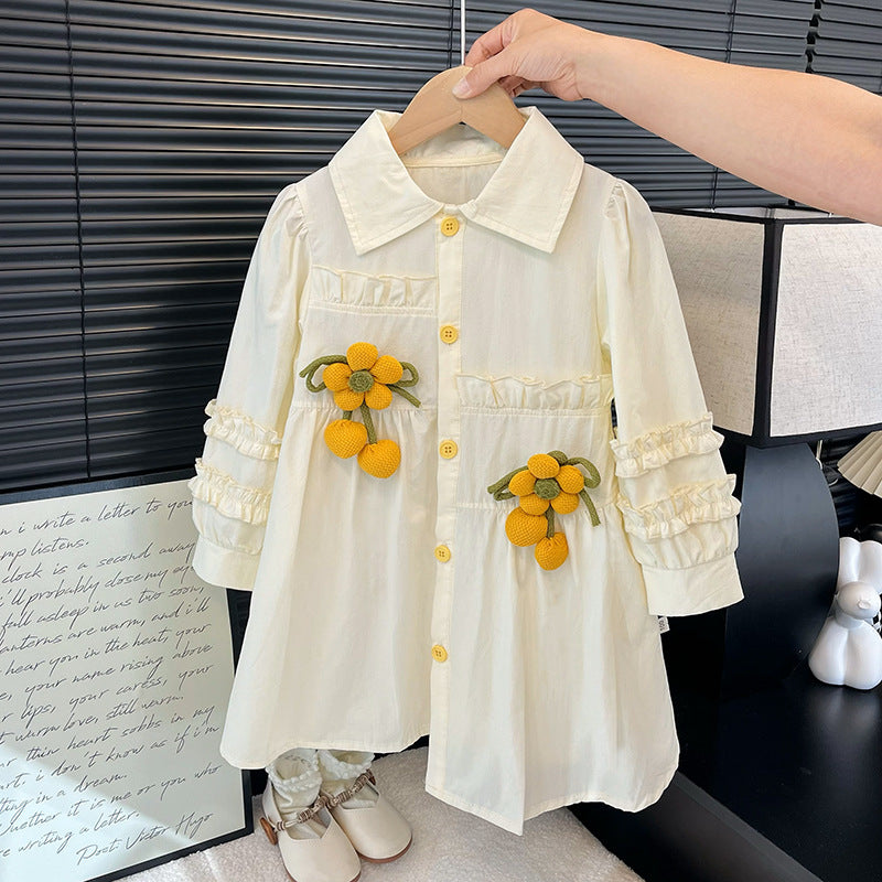 Girls' spring/autumn new collection: mid-length shirt dress - spring outfit with puff sleeves, 3d sunflower appliqué, princess style, trendy kids' fashion