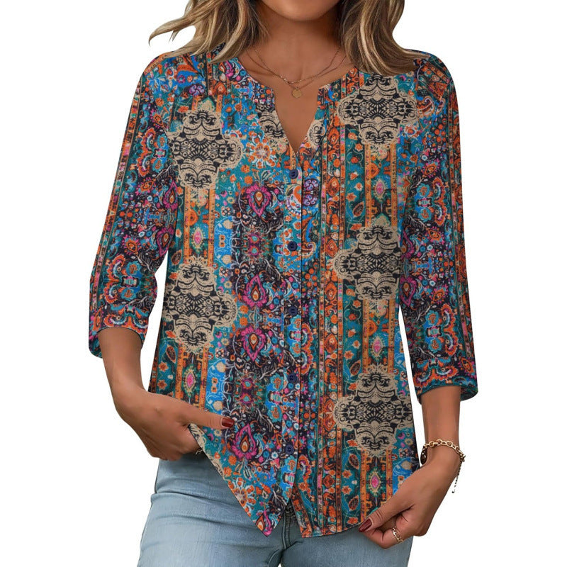 Amazon european goods  summer button-down shirt, three-quarter sleeve v-neck blouse, fashionable casual loose top