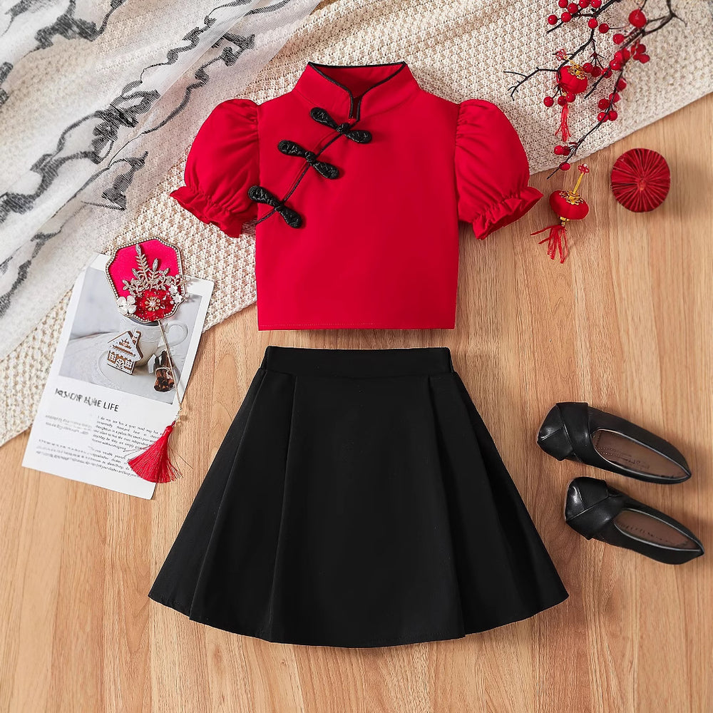 Girls' two-piece skirt set: red lantern sleeve chinese-style button-down top with black pleated skirt - traditional chinese style for kids