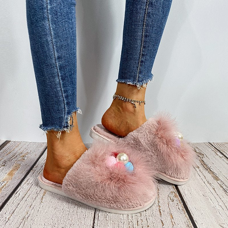 Furry slippers women's indoor and outdoor 2024 fall and winternew arrivalpopular flat heel pearl toe real hair heattech cotton slippers women