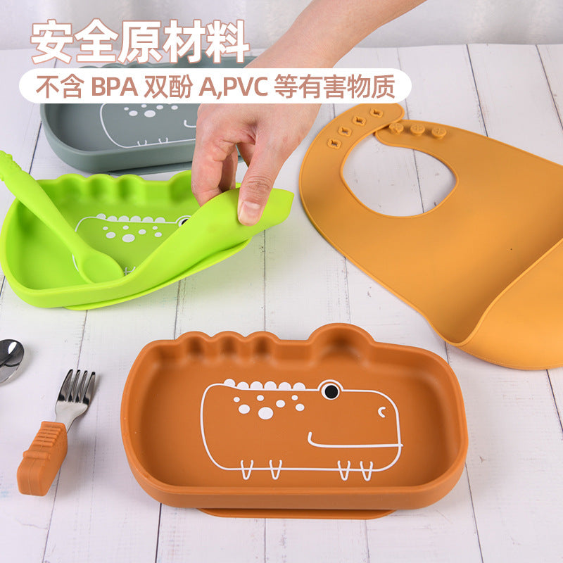 Food-grade silicone tableware, eating 2-piece set, animal lion-shaped dinner plate, stainless steel fork and spoon tableware set