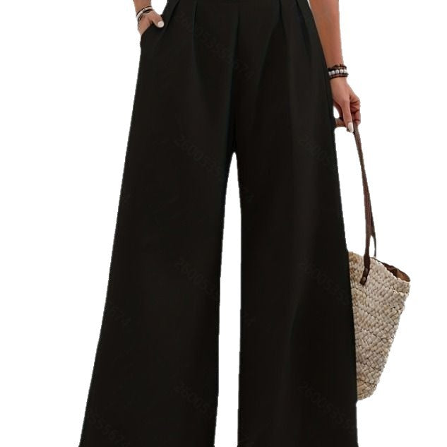 european and american cross-border  autumn new women's pocket high-waisted fashionable versatile wide-leg trousers commuting pants