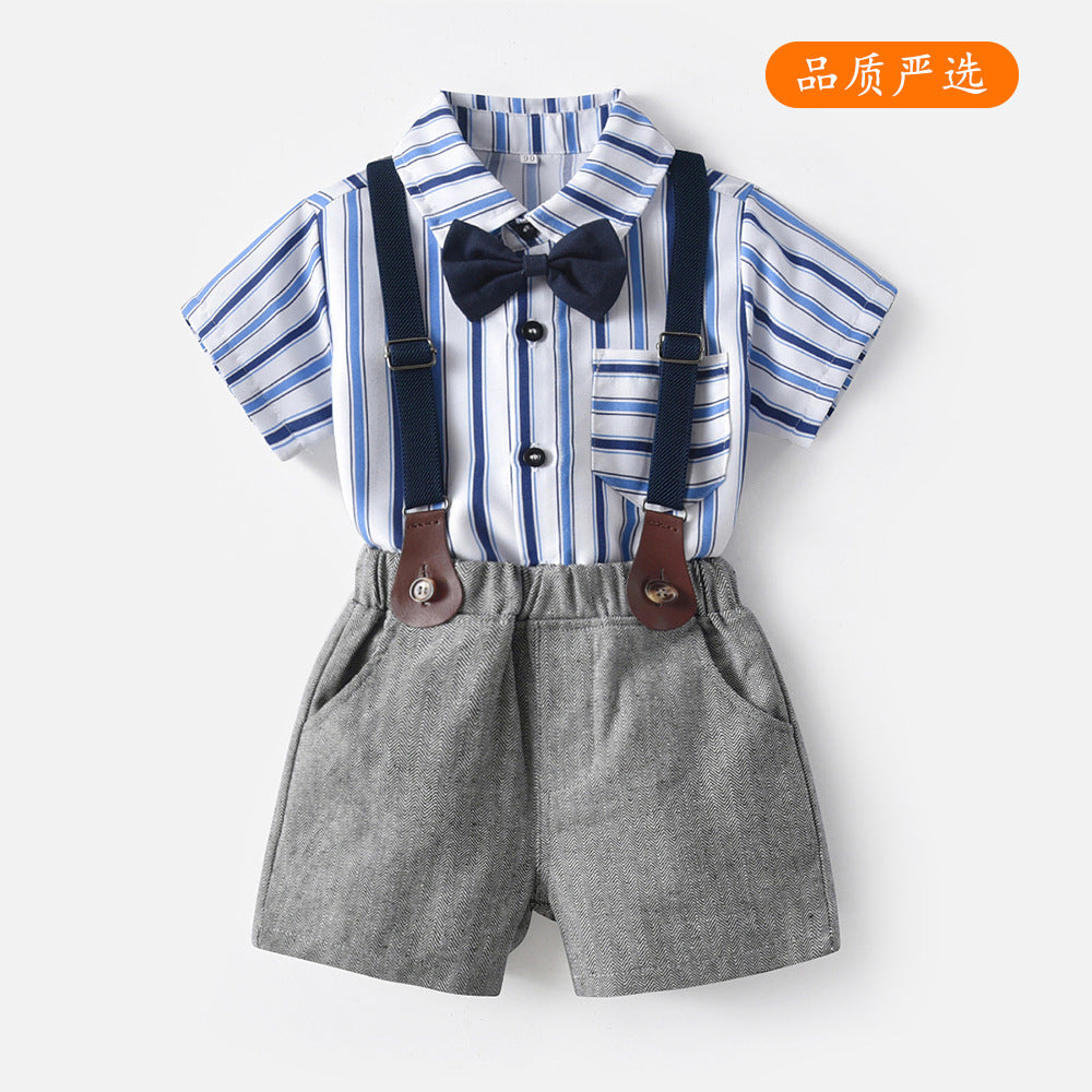 Wholesale children's spring/summer fashion set: trendy blue striped short-sleeve shirt and overalls two-piece outfit