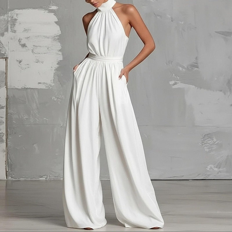 european and american cross-border women's summer new arrivals: -style elegant sleeveless halter neck bodycon jumpsuit