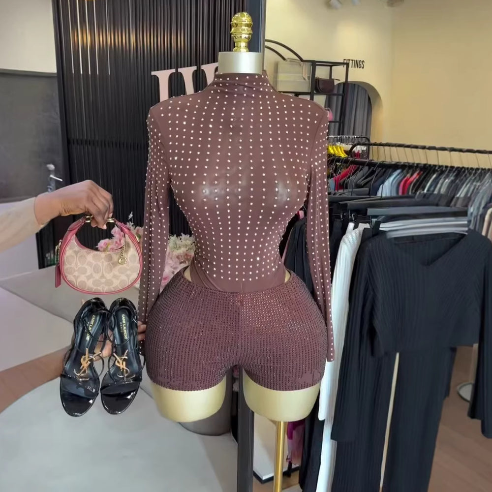 European and american cross-border women's fashion  summer new sexy hot girl studded stretch bodycon jumpsuit shorts set