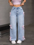 hot selling jeans women's straight-legbowspants street hot girl loose washed jeans