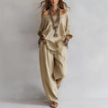 European and american cross-border  independent station summer new casual loose linen three-quarter sleeve top + wide-leg pants set