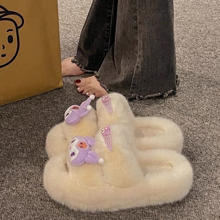 Women's fuzzy slippers - 2024 new fashion, versatile, cute, trendy, thick-soled, non-slip, home cotton slippers, thong sandals