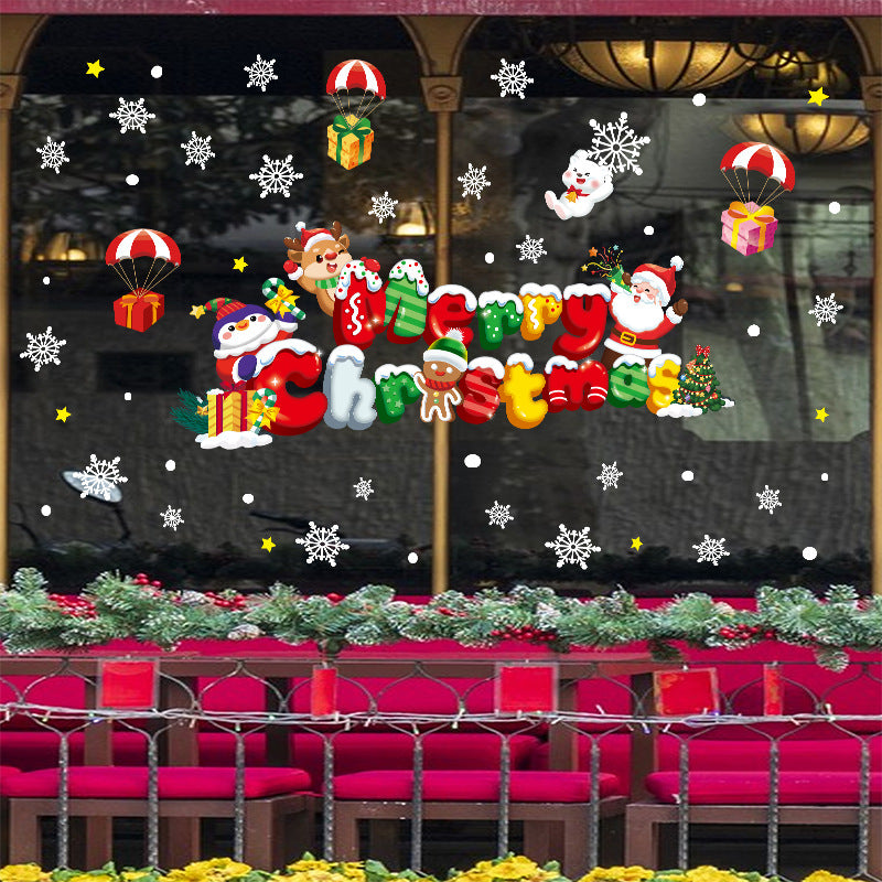 Christmas decoration glass door sticker shop window scene arrangement Santa Claus elk snowflake glue-free static sticker