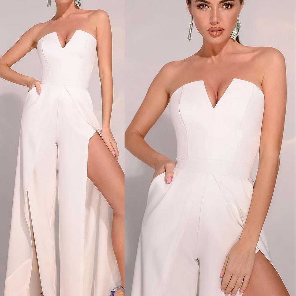 S9365  cross-border summer new european and american style fashionable sexy casual pants slit slim-fit jumpsuit