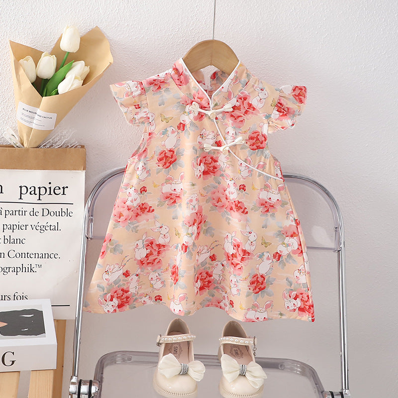 Girls' modern cheongsam dress - summer floral bunny print fashionable chinese style baby dress