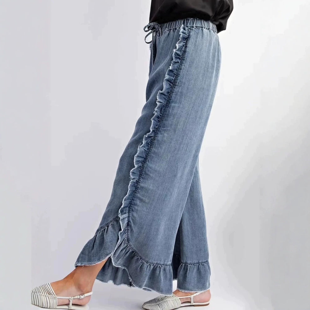Amazon cross-border ins new european and american women's summer washed cotton denim ruffles raw edge flared pants