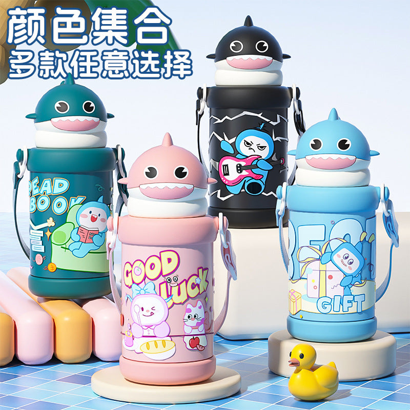 New arrivalwintercute little shark straw cup with strap portable stainless steel thermos cup outdoor sturdy and fall-resistant kids