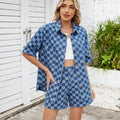 Fashion cross-border women's summer new arrival  thin washed casualloose denim plaid shirt short-sleeved suit