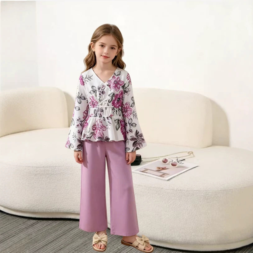 Girls' foreign trade outfit, autumn  new cross-border fashion: printed v-neck flare sleeve fitted top and wide-leg pants