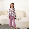 Girls' foreign trade outfit, autumn  new cross-border fashion: printed v-neck flare sleeve fitted top and wide-leg pants