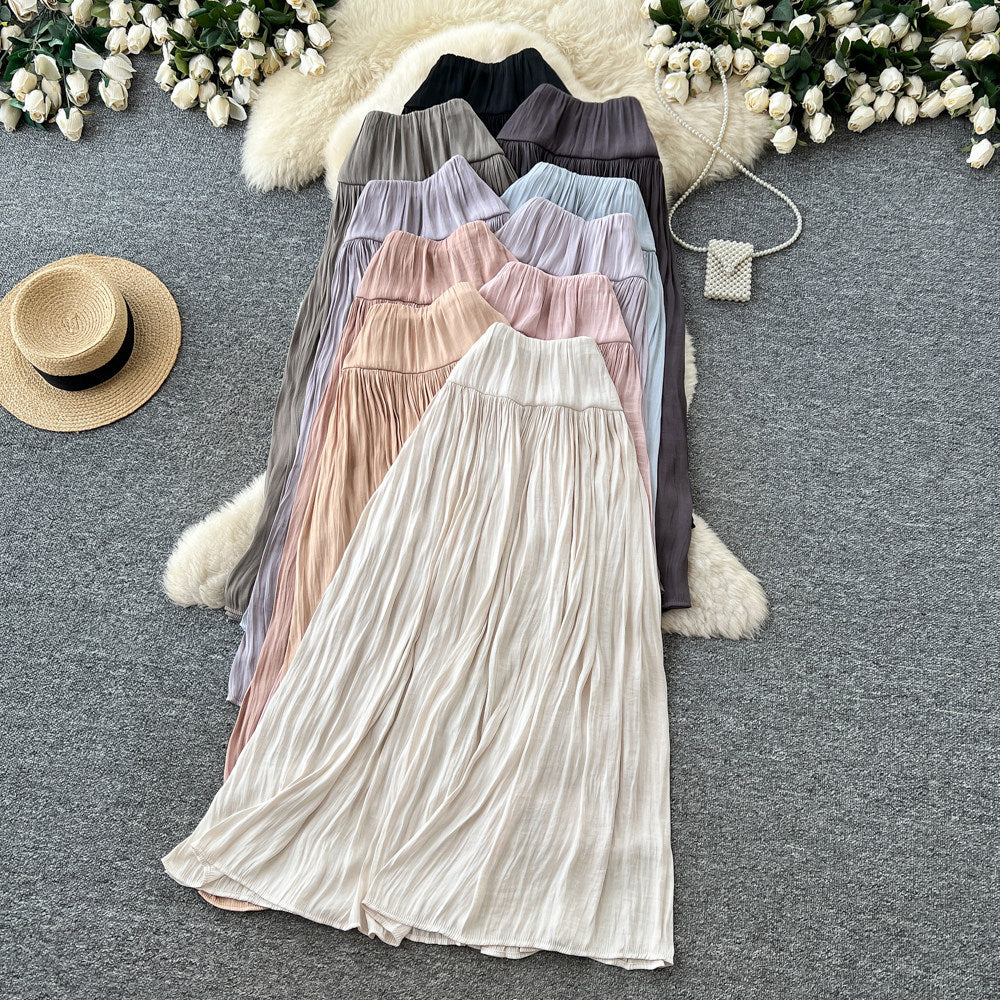 K-style high waist pleated draped skirt women's spring summer a-line large hem work clothingelegant long skirt gentle multi-color