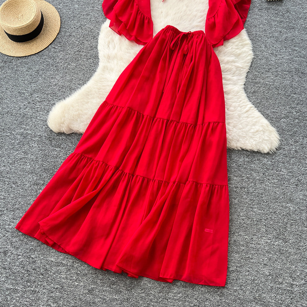French riviera style red ruffle flare sleeve v-neck blouse and high-waisted midi skirt two-piece set - women's autumn chic