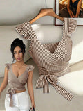 Summerfrenchstripesshorttopsv neck flying sleeves cross wrap side bowsilm navel-baring vest