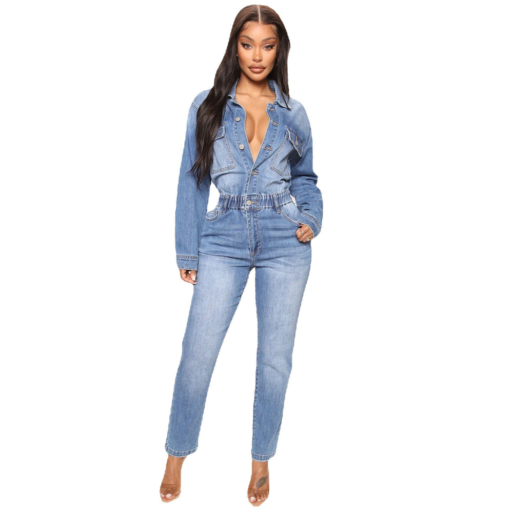 Hot-selling european and american women's jumpsuits: new styles,  bestsellers, washed denim, trendy long-sleeve rompers