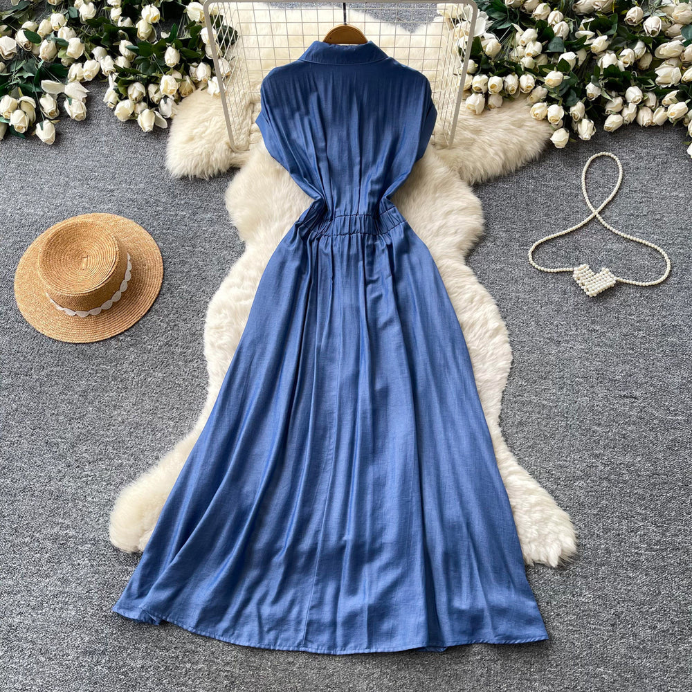 Frenchretrov neck metal button sleeveless dress women's summer k-style waist slimming lookeleganceelegantlong dress