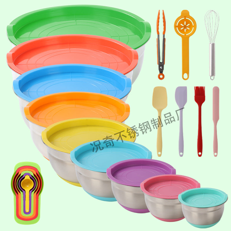 Stainless steel deep salad bowl with color-sprayed lid, round mixing bowl with non-slip silicone base for kitchen use