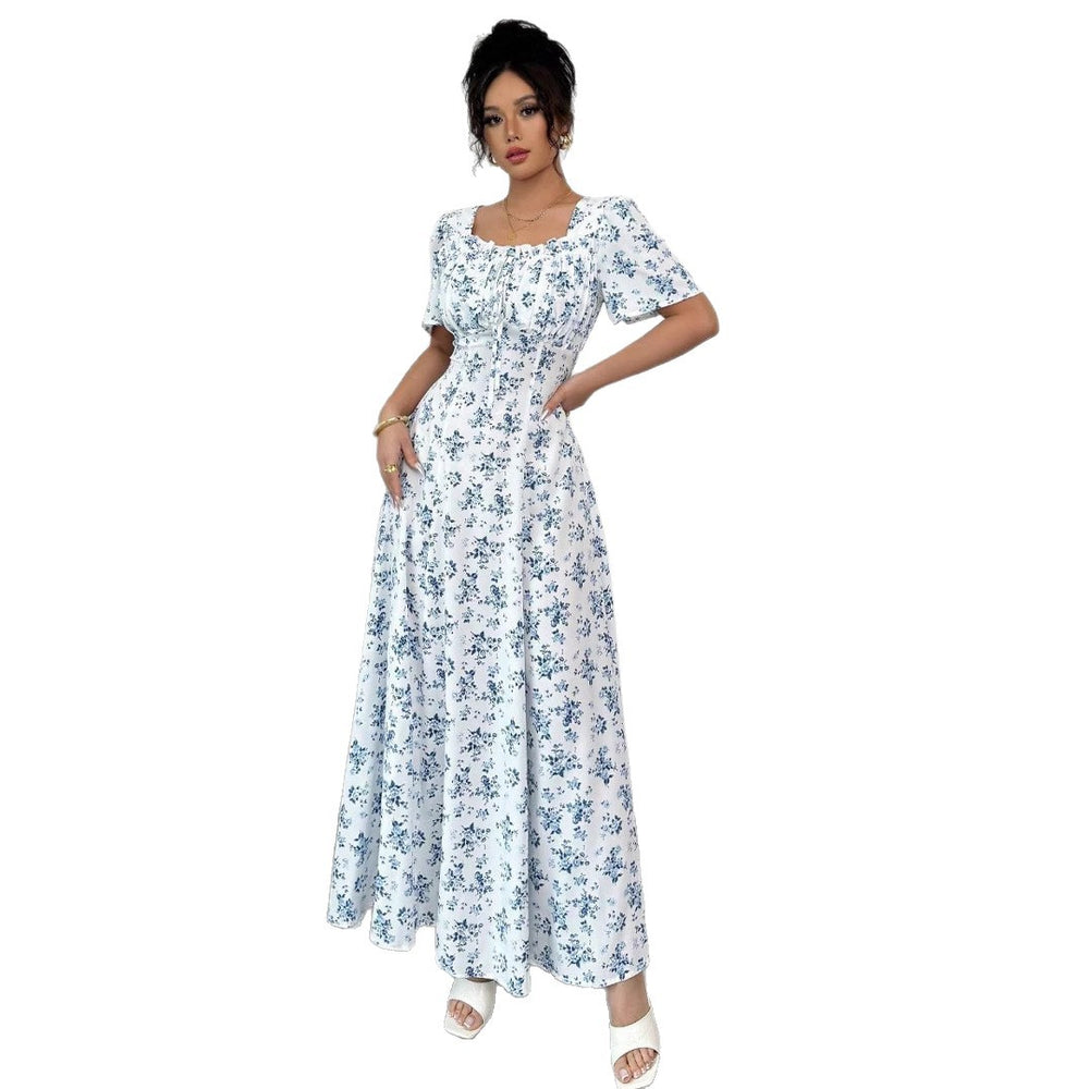 Evening mist spring/summer floral print bubble sleeve dress, fashionable slit hem a-line dress, women's clothing