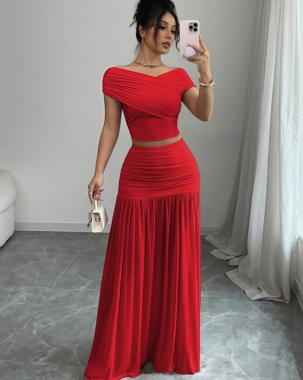 European and american cross-border women's fashion:  summer new arrival - solid color off-the-shoulder top with cinched waist pleated panel skirt two-piece set