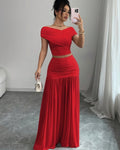 European and american cross-border women's fashion:  summer new arrival - solid color off-the-shoulder top with cinched waist pleated panel skirt two-piece set