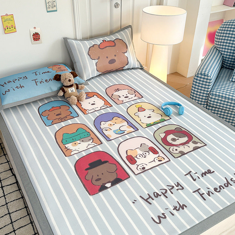 Summer cute ice silk mat three-piece set 1.8 meters single dormitory 0.9 cool silk carbon light foldable soft mat