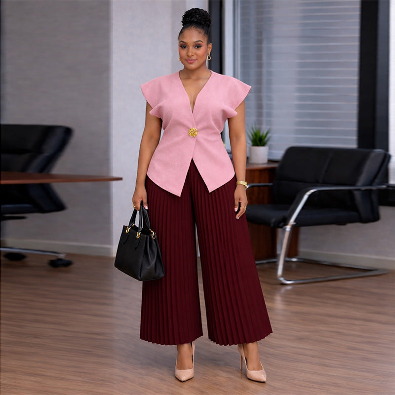 European and american cross-border women's clothing  summer new collection: african-style plus size elegant v-neck short sleeve top and pleated long pants set