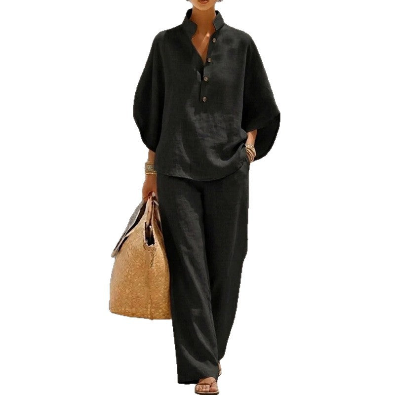 summer new european and american cross-border women's clothing casual loose solid color cotton linen turn-down collar wide leg pants fashion set
