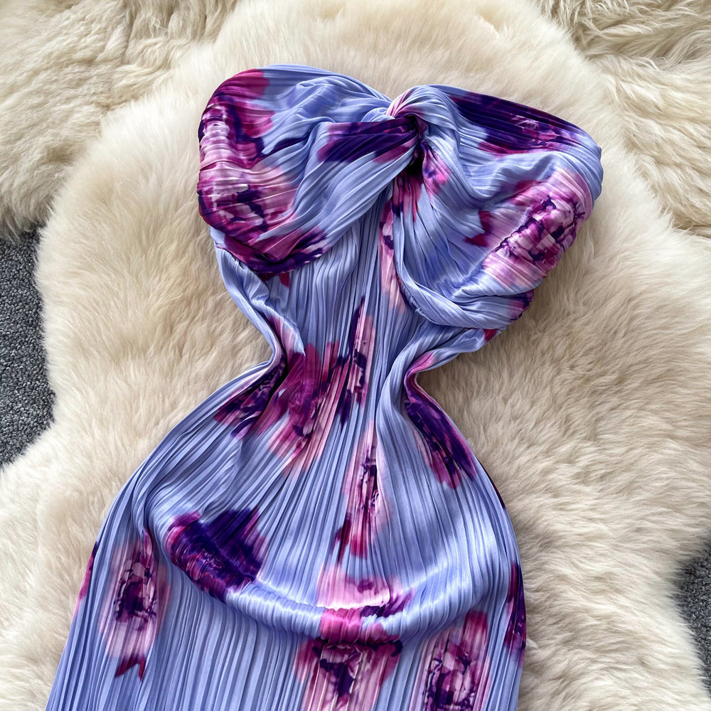 French riviera style purple floral print bandeau dress - women's summer sleeveless high-waisted a-line dress - sexy & chic outfit