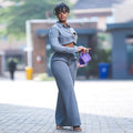 European and american style women's fall  new collection: sweet & fresh turn-down collar long sleeve cropped shirt and high-waisted straight-leg pants two-piece set