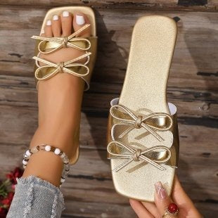 summer export flat heel bowknot beach sandals women's square toe one-strap plus size fashion sandals