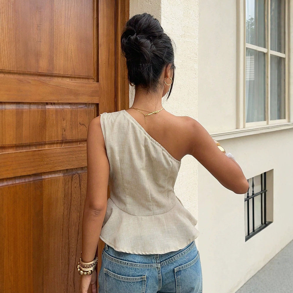 cross-border women's elegant commute one-shoulder ruched waist ruffle hem top - slim fit sleeveless tank top