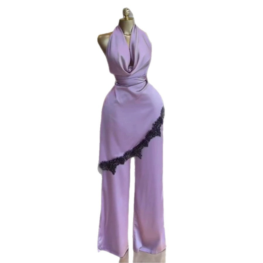 European and american cross-border women's fashion  summer new arrival: elegant halter lace trim asymmetrical top and pants set