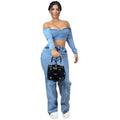 European and american style women's denim tops -  cross-border fashion: sexy, spicy, off-the-shoulder, short, long-sleeve tops