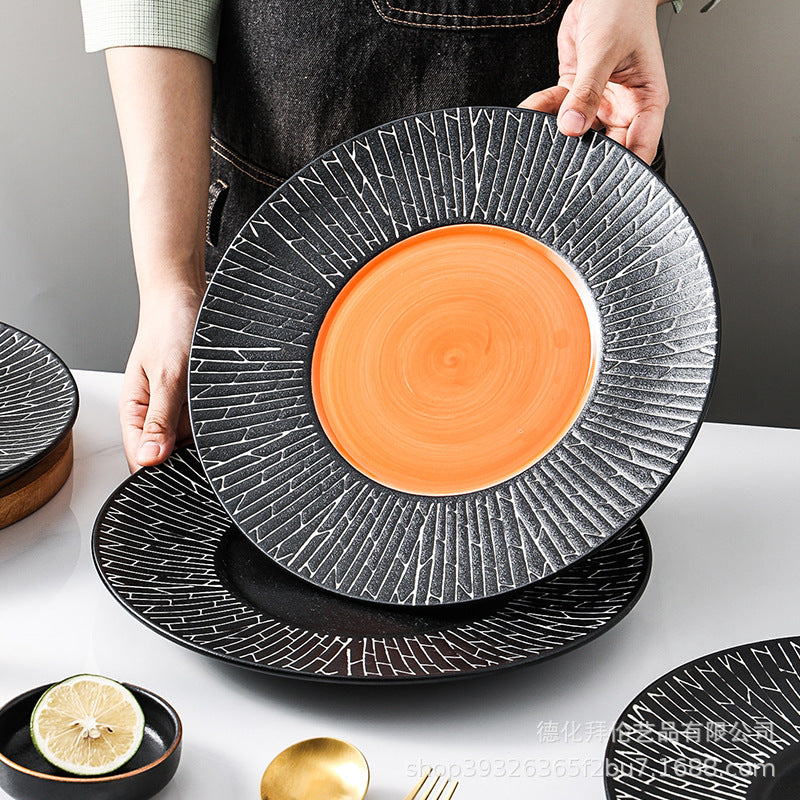 European-style black striped dinner plate ceramic tableware, hotel restaurant steak plate, creative large soup plate pasta plate