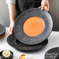European-style black striped dinner plate ceramic tableware, hotel restaurant steak plate, creative large soup plate pasta plate
