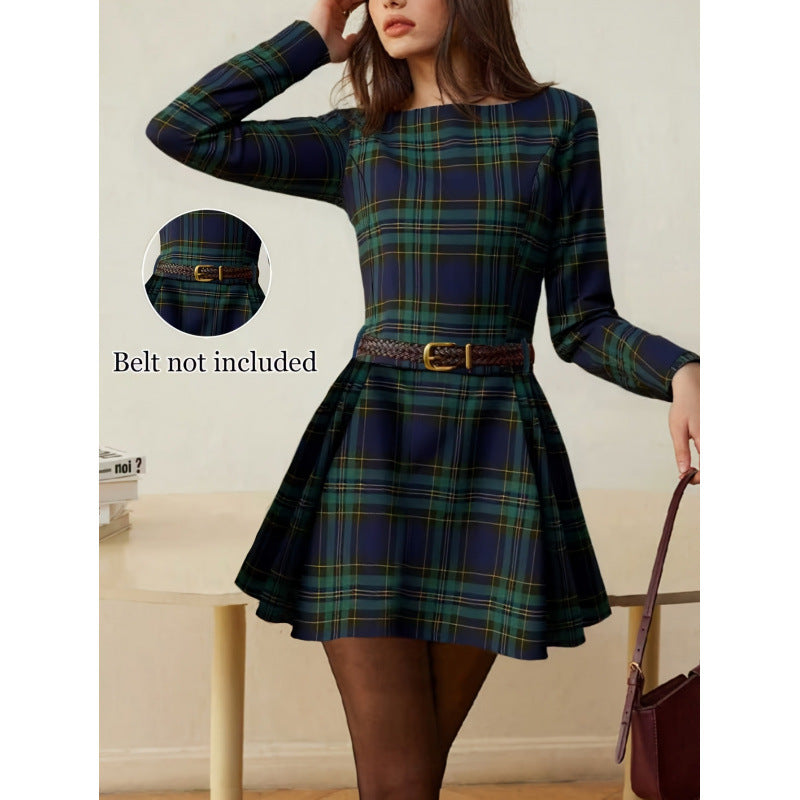 Women's autumn/winter fashionable and elegant round neck plaid long sleeve short dress - perfect for dates (belt not included)