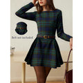 Women's autumn/winter fashionable and elegant round neck plaid long sleeve short dress - perfect for dates (belt not included)