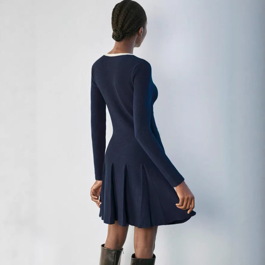 autumn ins women's long sleeves pleated knittingknitting long sleeves high waistdress