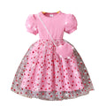 Girls' ribbed knit dress with heart-shaped mesh sleeves and pearl accents, includes crossbody bag