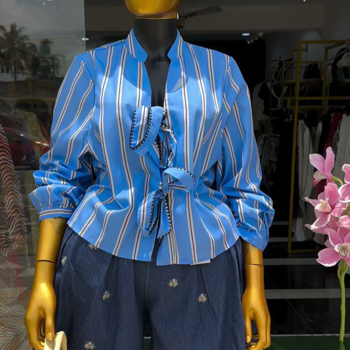 European and american cross-border women's fashion:  summer new arrivals - stylish and elegant bow-tie striped long-sleeve shirt top