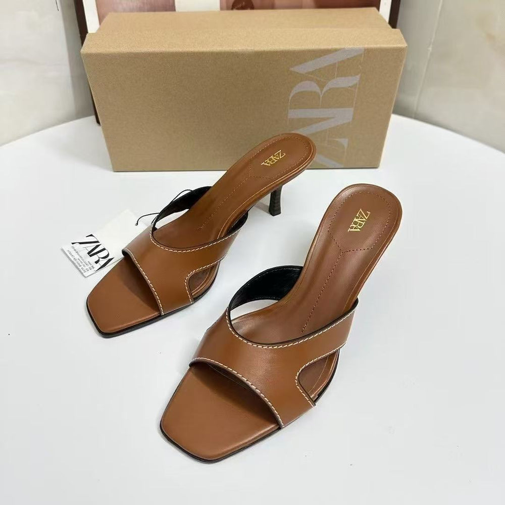 Za2025summer retro brown stitching square toe slippers stiletto heel sandals one-line drag stitching elegant