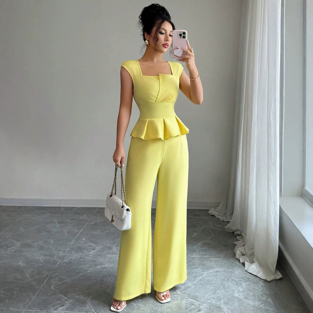 fashion  summer new arrival square neck rufflessuit waist sleeveless tops loose pants two-piece set