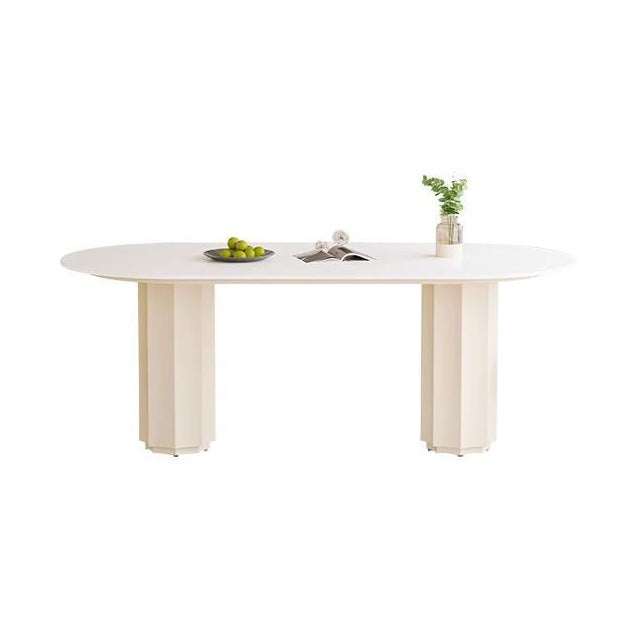 Cream style household rock slab oval dining table small apartment modern simple Internet celebrity light luxury family pure white rice table and chairs