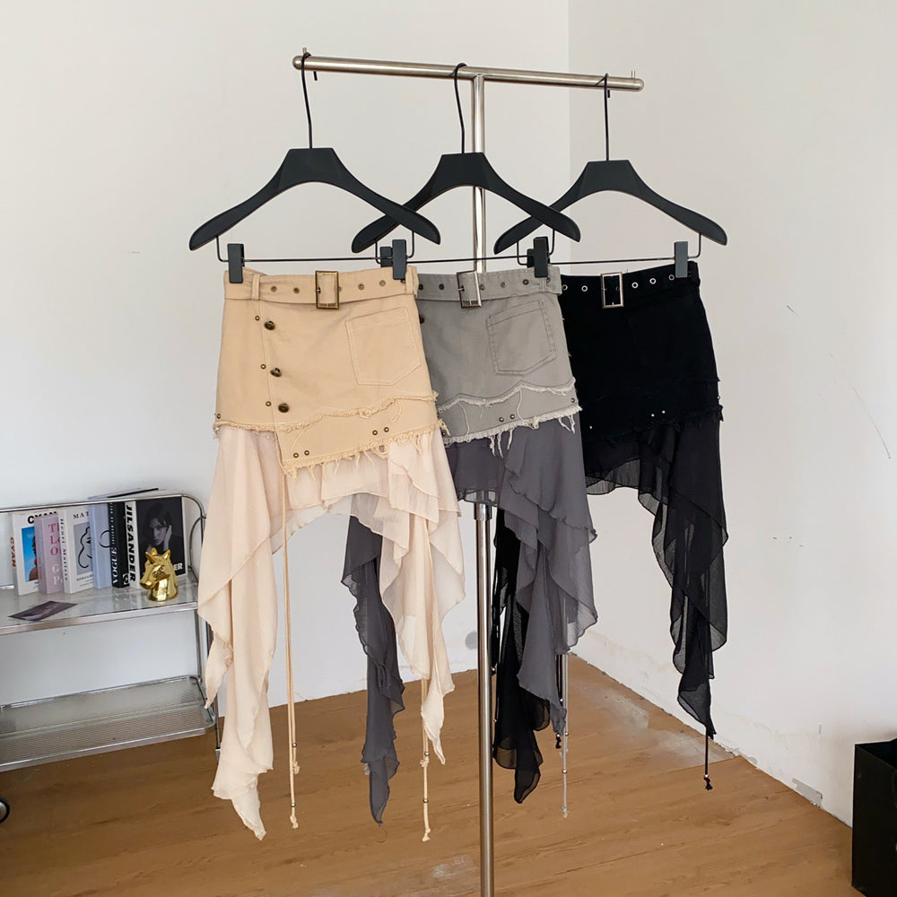 Retropatchworkasymmetrical a-line ribbon skirt for women summerk-stylehigh waistslimming looksexy style holiday short skirt