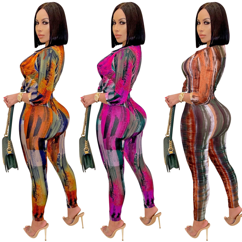X5281 special offer: no returns or exchanges. please purchase with care. new fashion digital print v-neck long sleeve top and pants two-piece set for women